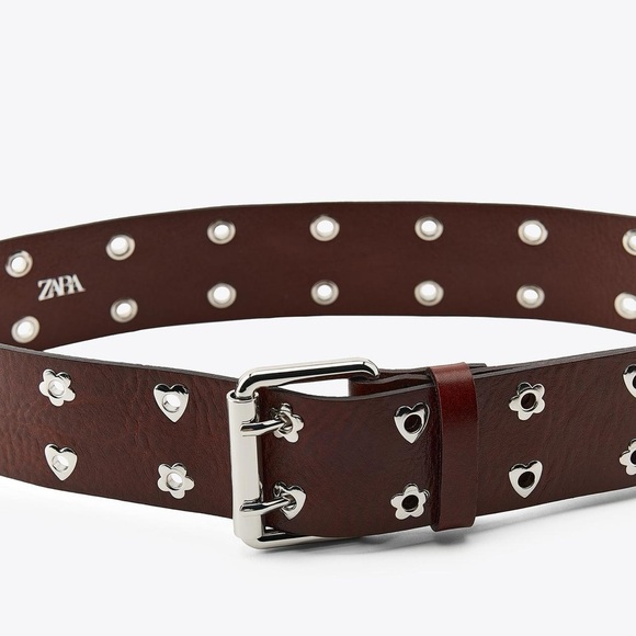 Zara LEATHER HEARTS AND FLOWERS BELT‎ Dark Brown Belt with Silver Details main image 9